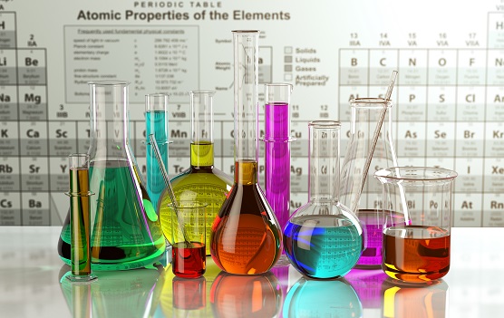 blue, yellow, pink and green chemistry backers on a laboratory table