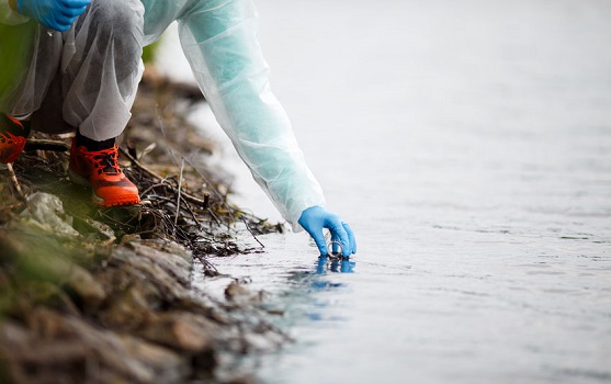 man with blue gloves making environmental analysis to water